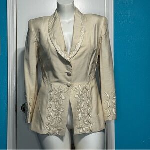 ANYA 100% Silk Shantung Cream Beaded & Embroidered Women's Blazer 90s Vintage 10
